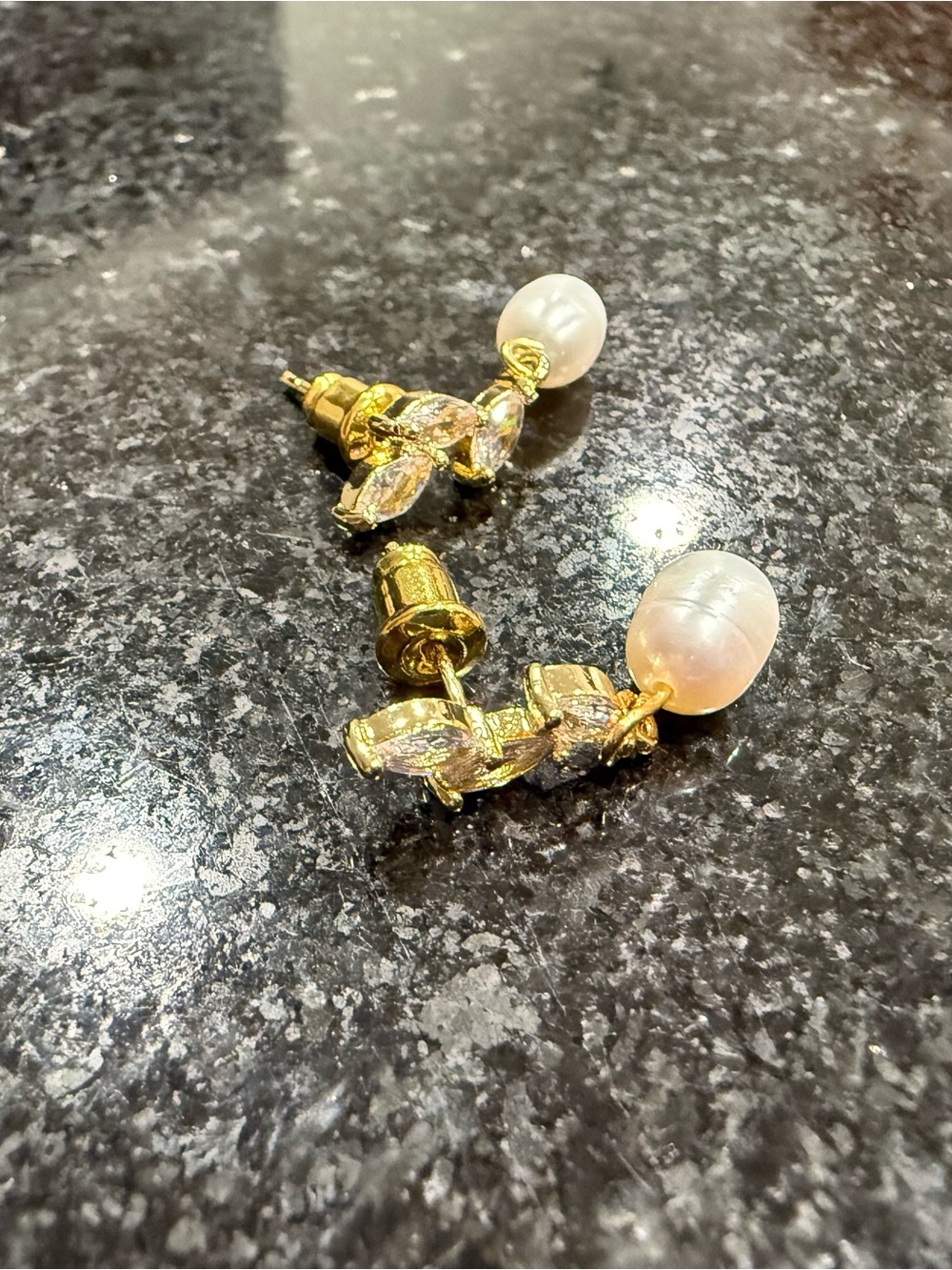 Gold Pearl Drop Stud Earrings - Elegant White Pearl